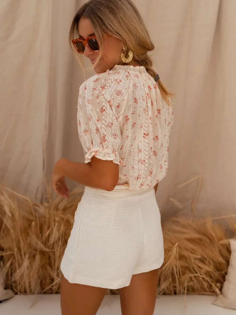 Ecru Adrian Women's Cream Textured High-Rise Shorts - Picture 4 of 9